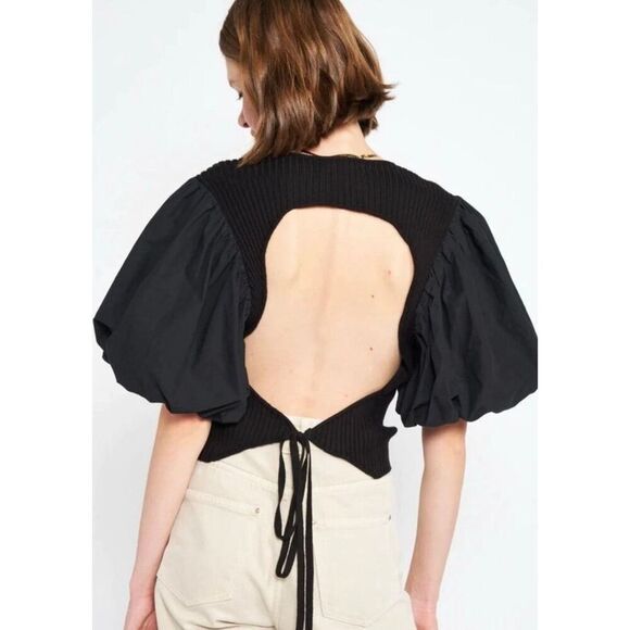 En Saison Maxime Puff Sleeve‎ Ribbed Knit Backless Tied Blouse in Black Size M - Picture 2 of 12
